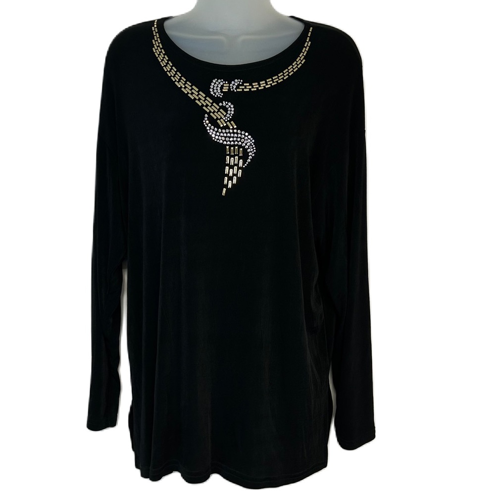 Vintage Womens Tunic Top Sz S Long Sleeve Stretchy Studs Black Artsy Resort Chic